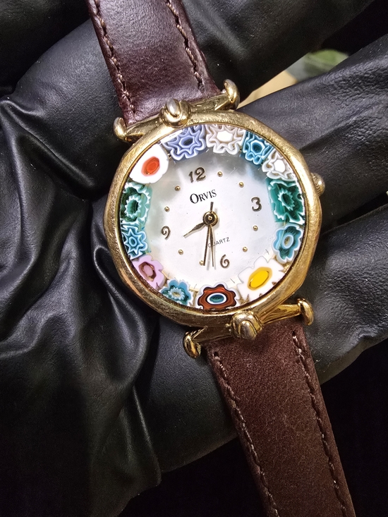 Orvis Accessories - Vintage Orvis Floral Millefiori Dial Gold-Tone Quartz Watch